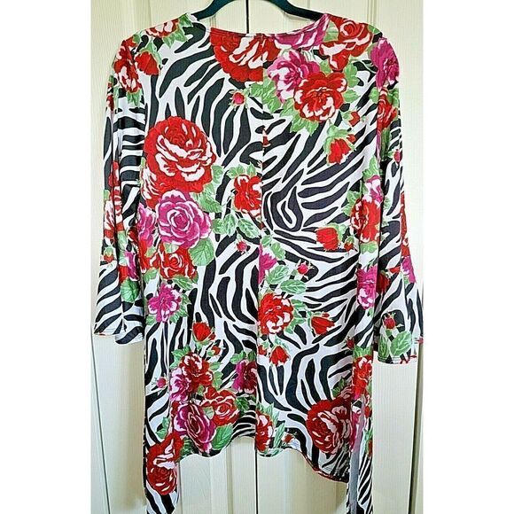 Slinky Brand PL Red & Pink Roses Shirt Bell Sleeves Size PL Non Wrinkle Striped. - Picture 2 of 6